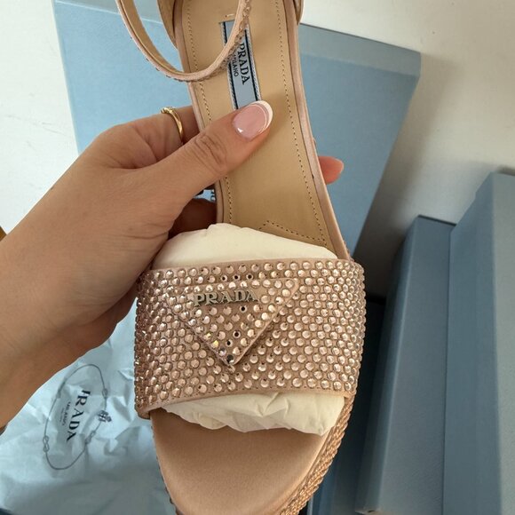 Prada Pink Embellished Platform Heels Logo Satin Crystal Sandals Open Toe - Picture 6 of 10